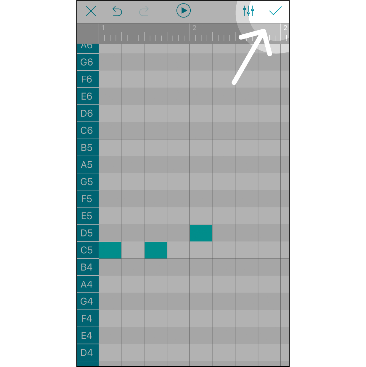 完成編曲並儲存完成編曲後，可以點擊右上角「打勾」圖示將歌曲儲存並離開。