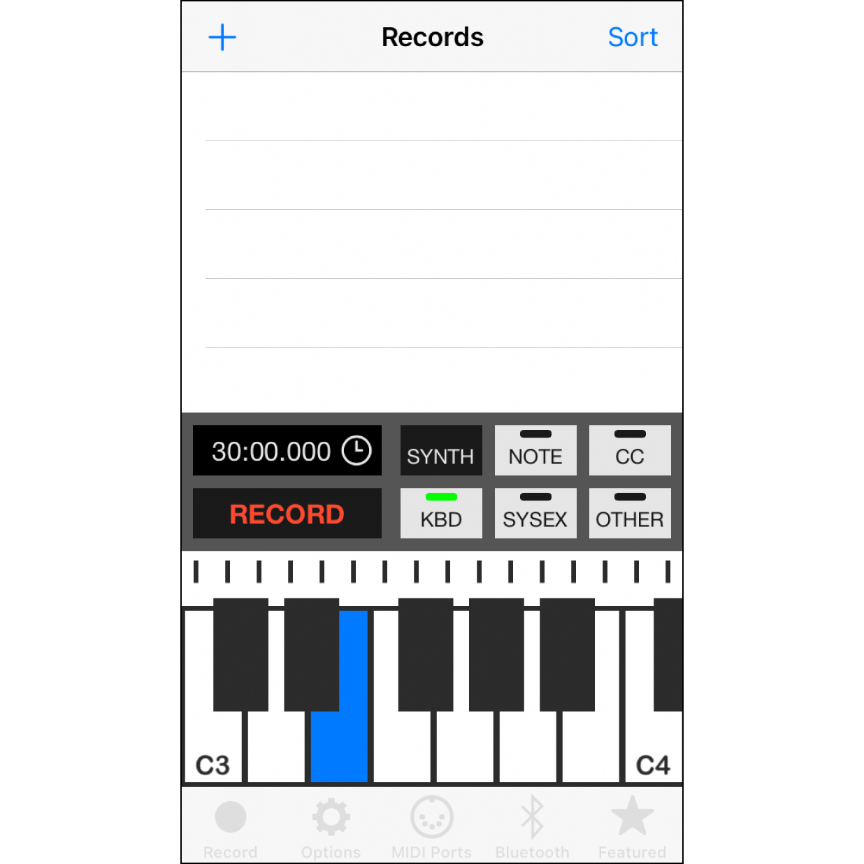 4.點按App的錄音頁面回到App的”Record”功能頁面，使用下方鍵盤彈奏音符，音樂盒即可演奏出相對應的音樂。