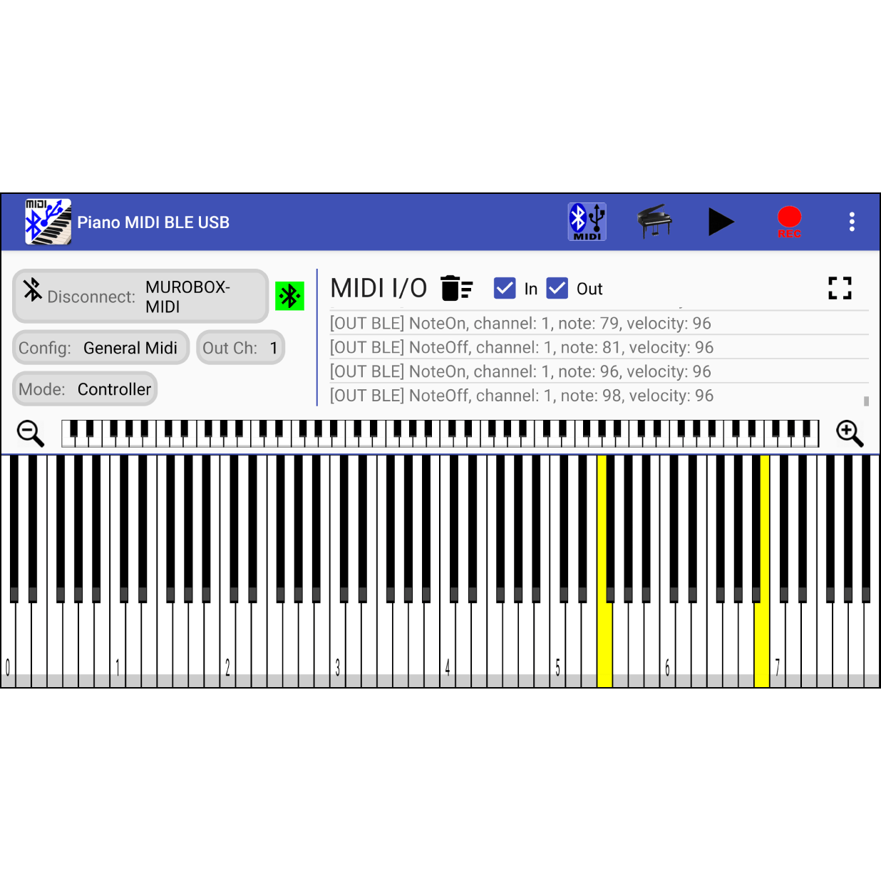 5. 画面のキーボードから曲を演奏画面に表示されたキーボードを操作してメロディを奏でれば、リアルタイムでMuro Boxがそのメロディを演奏します。