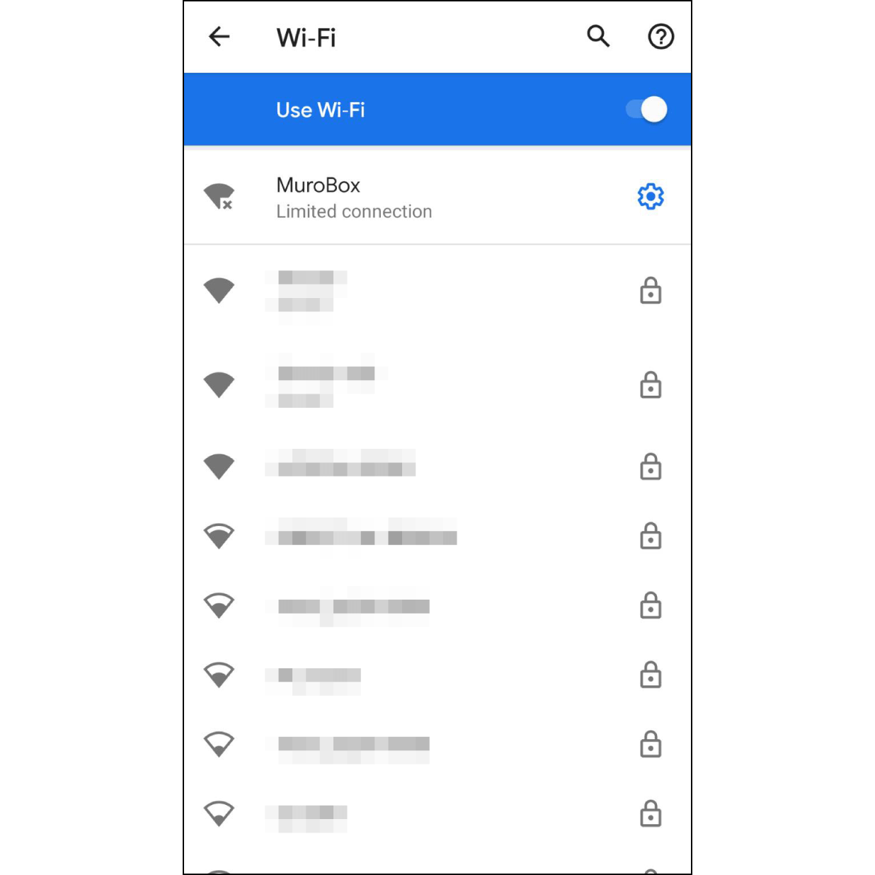 6. Connect to Muro Box Wi-Fi. The newer version of Android phone will automatically connect to Muro Box Wi-Fi. Older versions of Android phones will need to manually go to "Wi-Fi Settings", then select "MuroBox" Wi-Fi. After Wi-Fi is connected, go back to the Muro Box app.