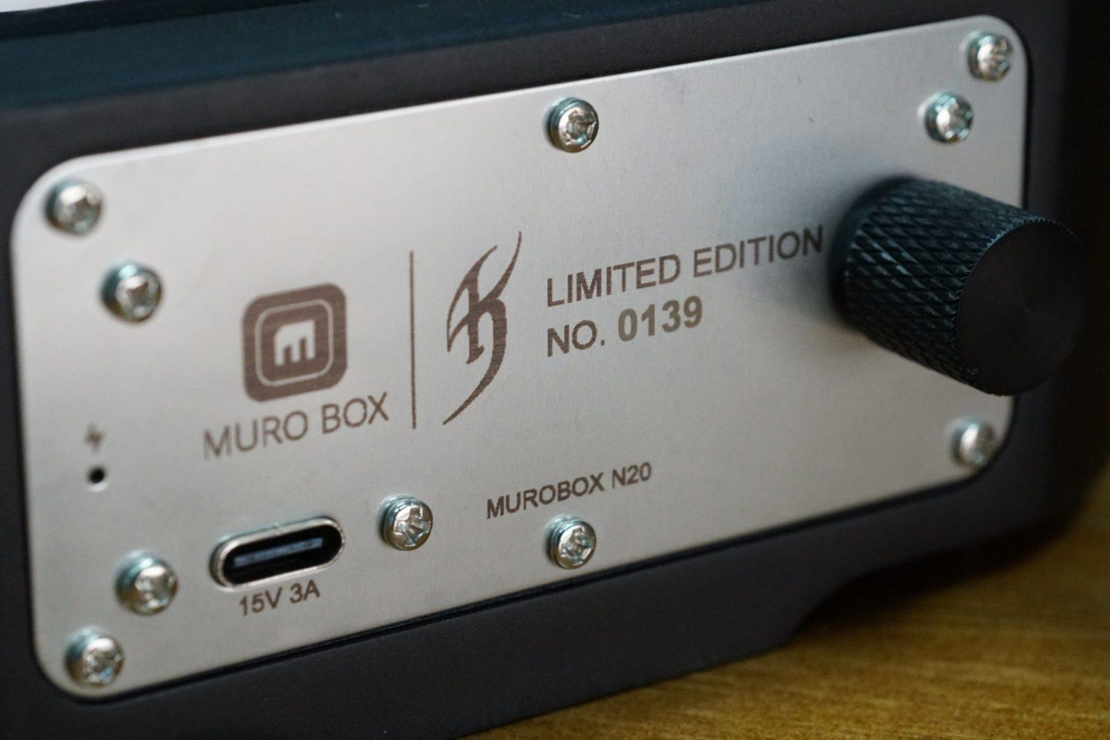 The close shot of programmable music box Muro Box metal plate with the special customized laser engraving text and logo for Mr. Himuro's fans.