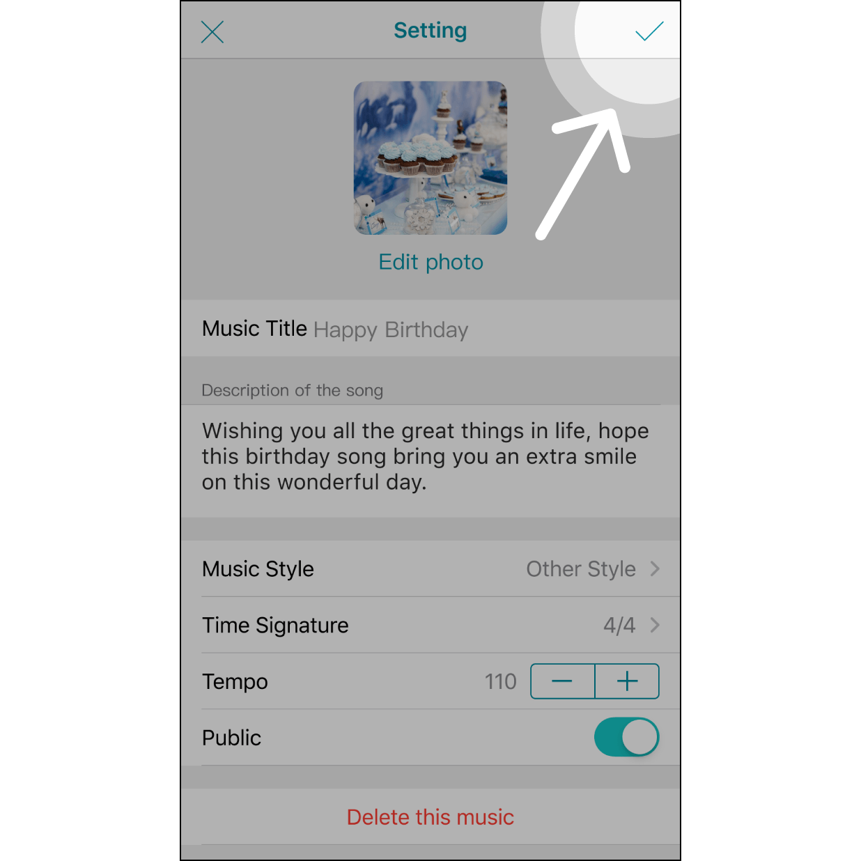 Select the photo and return, the photo will appear on the screen. Then click the check icon in the upper right corner to leave the settings.