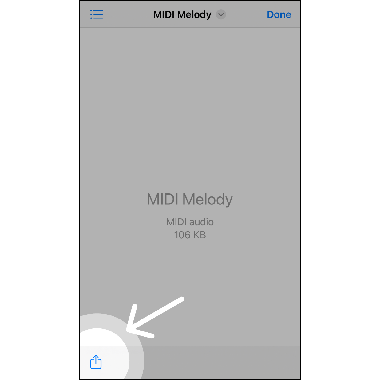 1. Goto “File” App to share Select the MIDI file in the “File” App, then click the “share” icon on the lower left-hand side