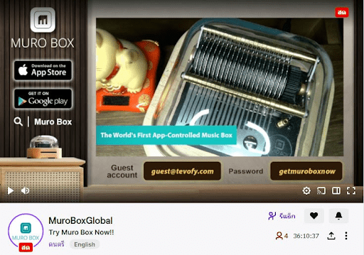 直播機網址：https://murobox.com/zh/#TWITCH 蘋果手機請至App Store 安卓手機請至Goolge Play 搜尋 "Muro Box"即可下載我們產品的APP Muro Box App 登入帳號：guest@tevofy.com 密碼：getmuroboxnow