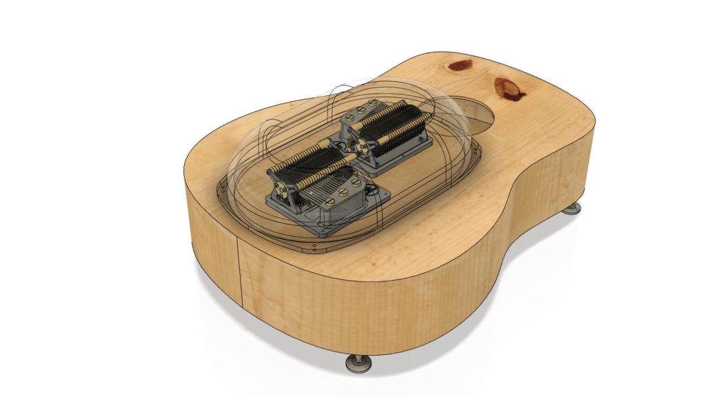 The 3D simulation illustration of coming the music box with a guitar’s body