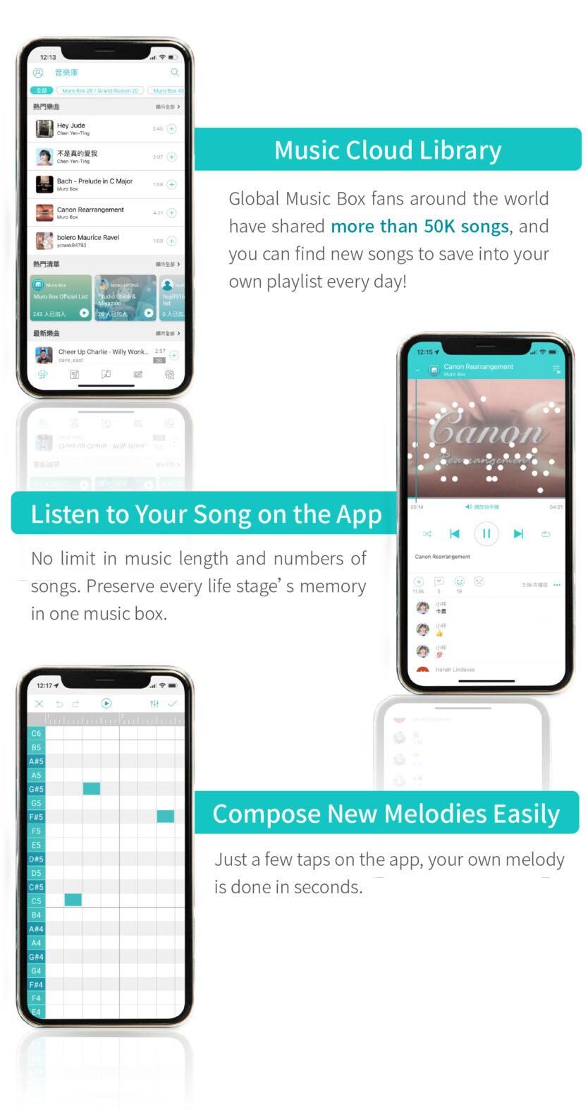 You can enjoy the composer functions of the Muro Box App and choose songs to collect from the cloud music library with any Muro Box model. There are no restrictions on the length or quantity of compositions, and we even provide a series of tutorial videos made by our official music arranger. We can help you fulfill your composition dreams! Don't worry if you're not familiar with composition; the Muro Box App supports importing MBM songs, offering a collection of up to 50,000 tracks, ensuring you never get tired of the music box melodies!