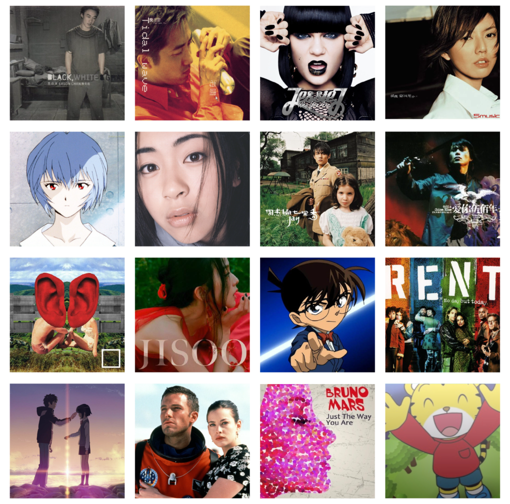 这组来自 Muro Box App 的图片精选展示了陈彦廷上传的多种乐曲风格封面照片。从这些广泛的选取风格可看出他的音乐品味，包括台美日韩的流行音乐与电影/动画/音乐剧主题曲。