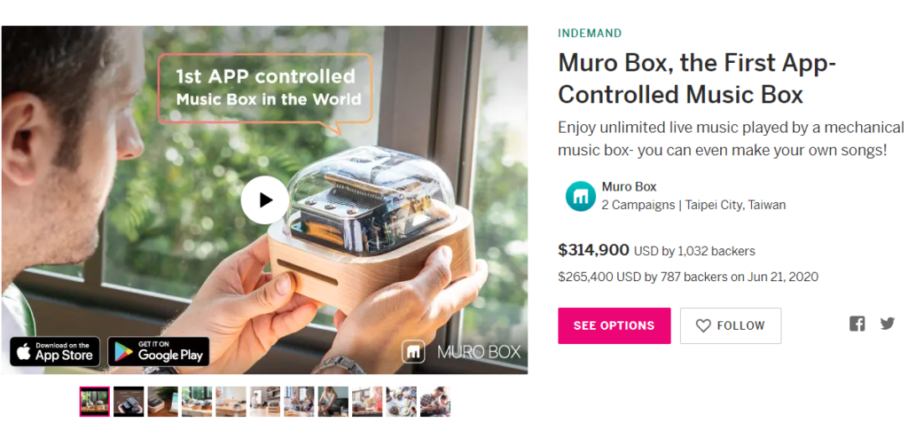 我第一次發現Muro Box智慧音樂盒是在這個美國的群眾募資平台Indiegogo，這個全球首創可編程音樂盒在我心中留下深刻的印象。
