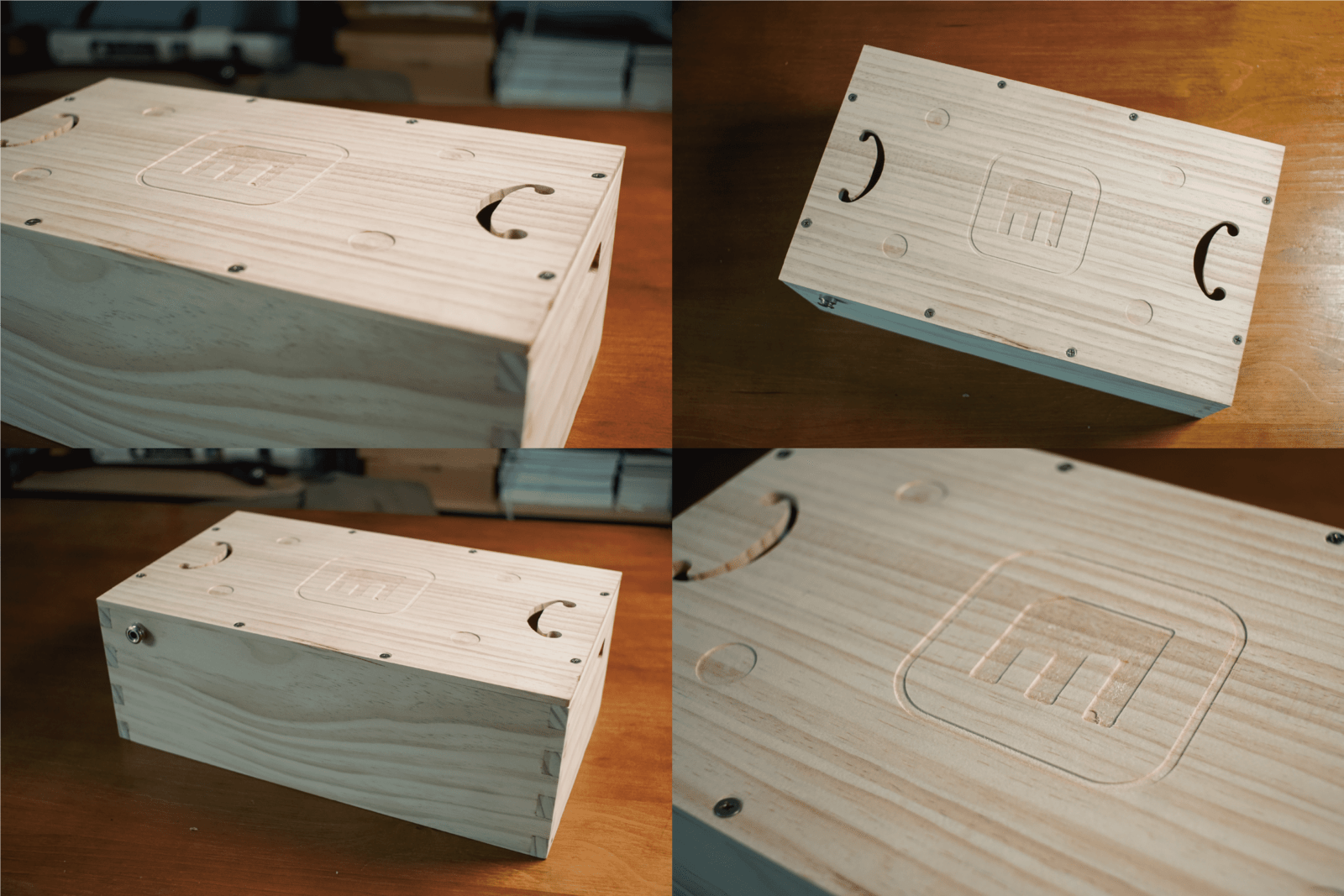 Muro Box-N40 共鳴箱-松木版樣品，上蓋我們特地設計C型音孔仿小提琴發聲原理。上蓋的Muro Box Logo的圓弧正方形凹槽是為N20音樂盒的木盒底腳可穩穩卡在共鳴箱上避免不小心碰撞摔落而設計，另外有四個小圓圈凹槽是固定N40音樂盒的木角用。多款凹槽的設計目的是讓有購買過N20與N40智慧音樂盒的客戶，可以讓兩款音樂盒都用這個共鳴箱擴音演奏效果。