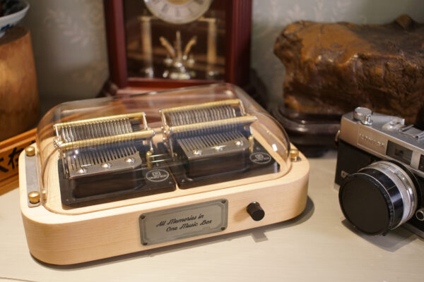 A Muro Box-N40 Standard music box is placed in front of an old-fashioned clock and camera.