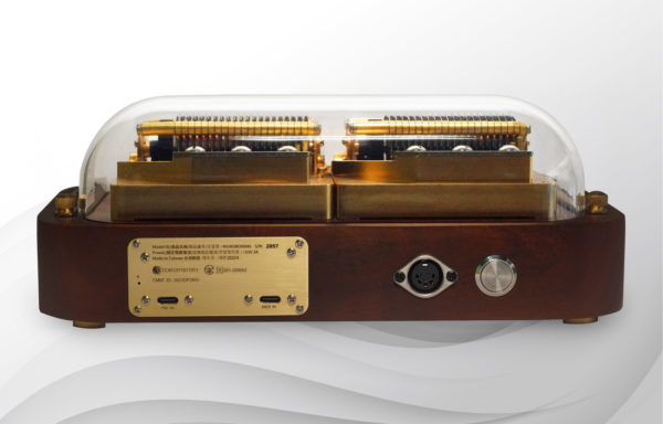 The back side of Muro Box-N40 Sublime music box shows a power input slot and a MIDI input slot both are type-C on the metal plate. There is also a 5-Pin Midi input slot and a button to receive the midi message from the 5-pin cable.