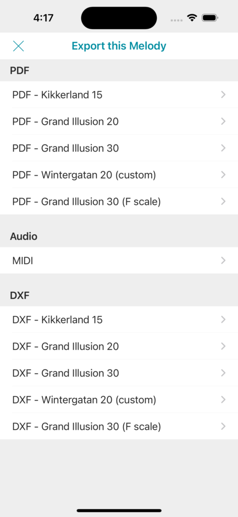 3. You can choose to export as a PDF, MIDI file, or DXF file for punch card engraving, depending on the type of music box you use.