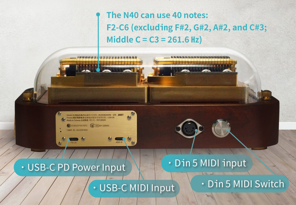 The world's first programmable app-controlled music box, Muro Box-N40 Sublime Version: Music Range and Power/Midi Input Slots Illustration