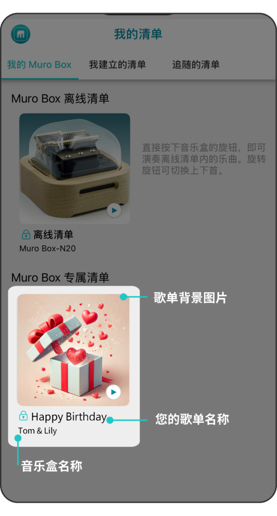 Muro Box 智慧音乐盒提供代客上传歌单服务，可客制化歌单封面、歌单名称及音乐盒名称。