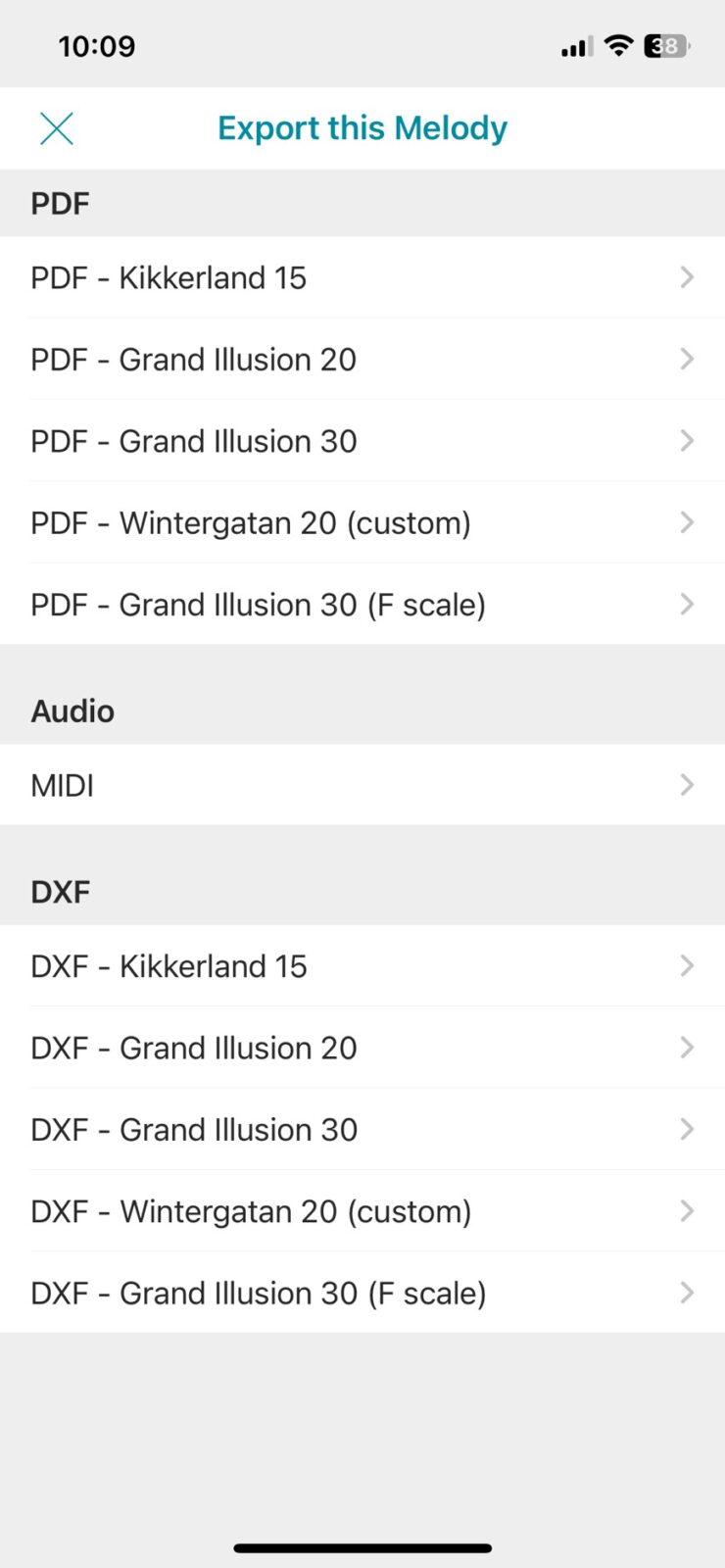 (3) Choose the file format you want to export:
PDF / DXF: For creating punched paper tape.
MIDI: For further editing in other music software.