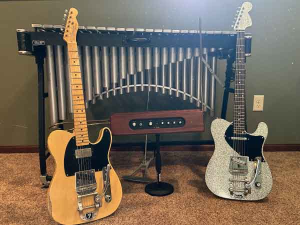 My trusted Fender telecaster, which is my primary guitar, my custom bass 6, my primary theremin, and a vibraphone for good measure since it was the primary instrument on “Night With the Zombie Moon”.