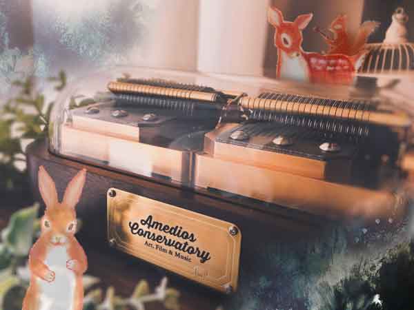 感謝日本客戶(Amedios Amedios)提供自己的手繪作品-兔子/梅花鹿/松鼠等小動物，與他實際拍攝的音樂盒照片結合，此圖展現了Muro Box-N40 穆風版音樂盒在演奏時給人走進森林才能感受到的療癒紓壓感。