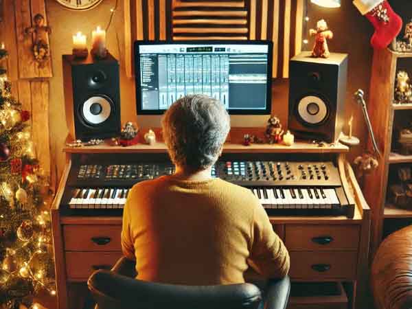 A musician works at a desk in a wooden room, surrounded by a Christmas tree, wreaths, and candles, blending creative focus with festive warmth. (AI photo)