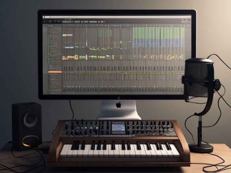 A professional music workstation with a DAW interface on screen, synthesizer and microphone neatly arranged, reflecting a modern space for both composition and recording. (AI photo)