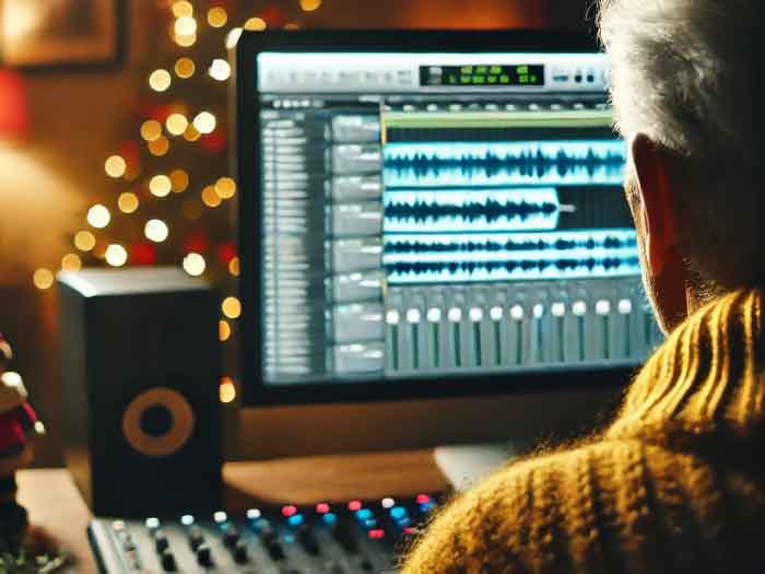 A musician in a mustard sweater edits audio tracks in a cozy wooden room with a Christmas tree, blending creativity with festive warmth. (AI photo)