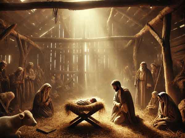 In a wooden stable, baby Jesus lies in a manger surrounded by Mary, Joseph, and shepherds in prayer, evoking a solemn and warm Christmas scene. (AI photo)