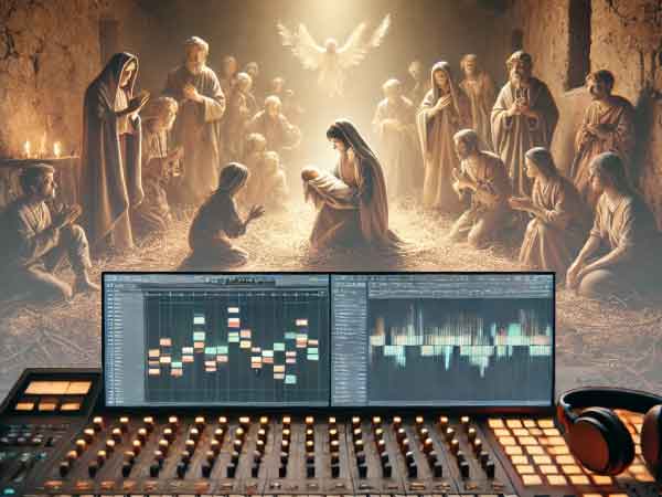 In a warm stable scene, baby Jesus lies in a manger surrounded by Mary, Joseph, and modern-day “shepherds” represented by addicts and dealers in prayer, blending candlelight, music gear, and faith into a contemporary Christmas parable. (AI photo)