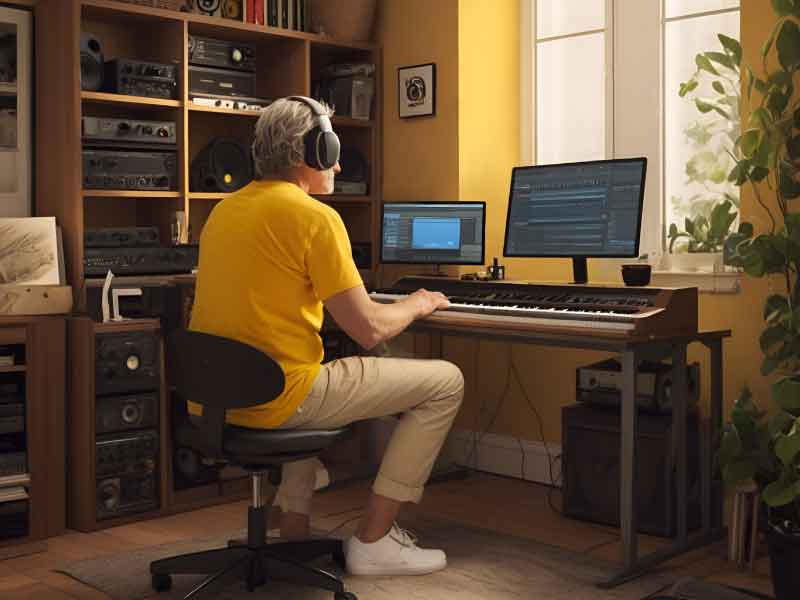 In a home studio, a musician focuses on composing with a computer and keyboard, surrounded by greenery and festive warmth. (AI photo)