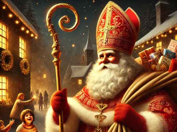 Saint Nicholas, dressed in ornate red and gold robes with a mitre and golden staff, stands in a snowy village. Children gather around him, joyfully receiving gifts and lanterns, capturing the warmth and festive spirit of Saint-Nicholas Day. (AI photo)