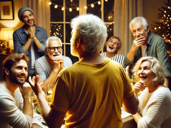 Eight adults are gathered around a dining table in a warmly lit room. A person in a yellow shirt (representing Geert) stands at the center, appearing to give a toast or tell a story, while others smile and laugh. The background features string lights and a decorated Christmas tree, creating a cozy and festive atmosphere.(AI photo)