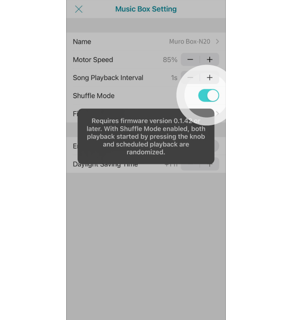 4. Turn on Shuffle Mode.
Please note:

This feature requires firmware version 0.1.42 or later.
When enabled, both knob playback and scheduled playback will play songs in a random order.