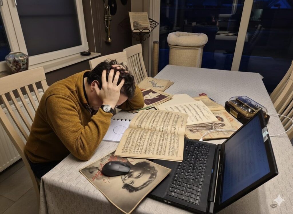 Siegfried さんがパソコンの前に座り、両手で頭を抱えながら楽譜を見つめ、編曲ソフト「MuseScore」で原曲の細部をどう調整すれば、自分の Muro Box オルゴールがより心地よく演奏できるのか思い悩んでいる様子。