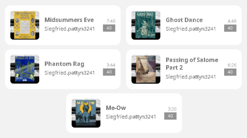 Muro Box-N40 スマートオルゴールで演奏できる5曲『Midsummers Eve』『Ghost Dance』『Phantom Rag』『Passing of Salome Part 2』『Me-Ow』。これらの曲は Siegfried によって編曲され、Muro Box アプリの曲庫で公開共有されています。