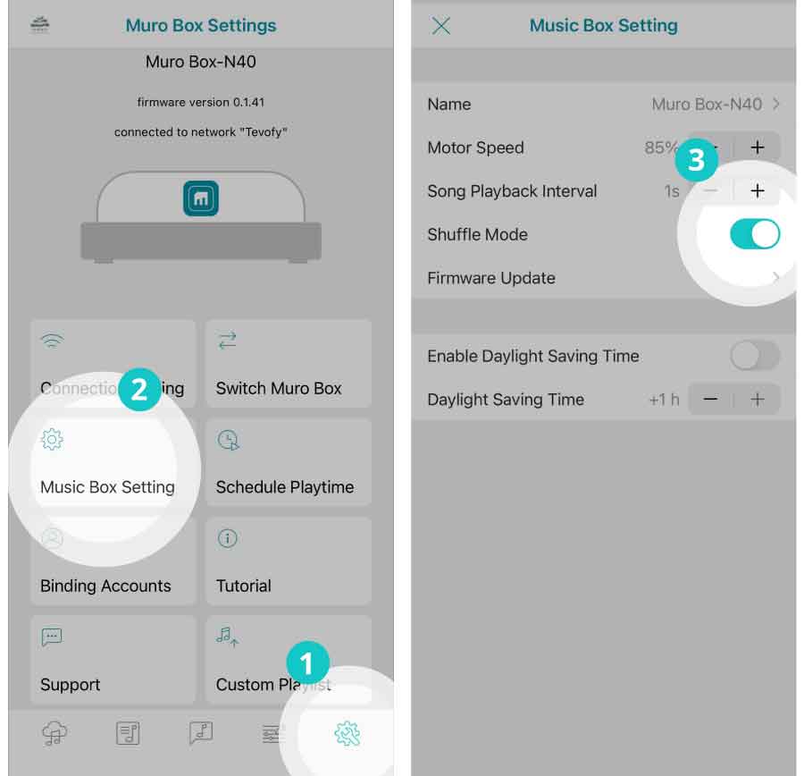 Instructional diagram for the dedicated Muro Box programmable music box App: how to enable “Shuffle Mode” for the Offline Playlist and Alarm Playlist.