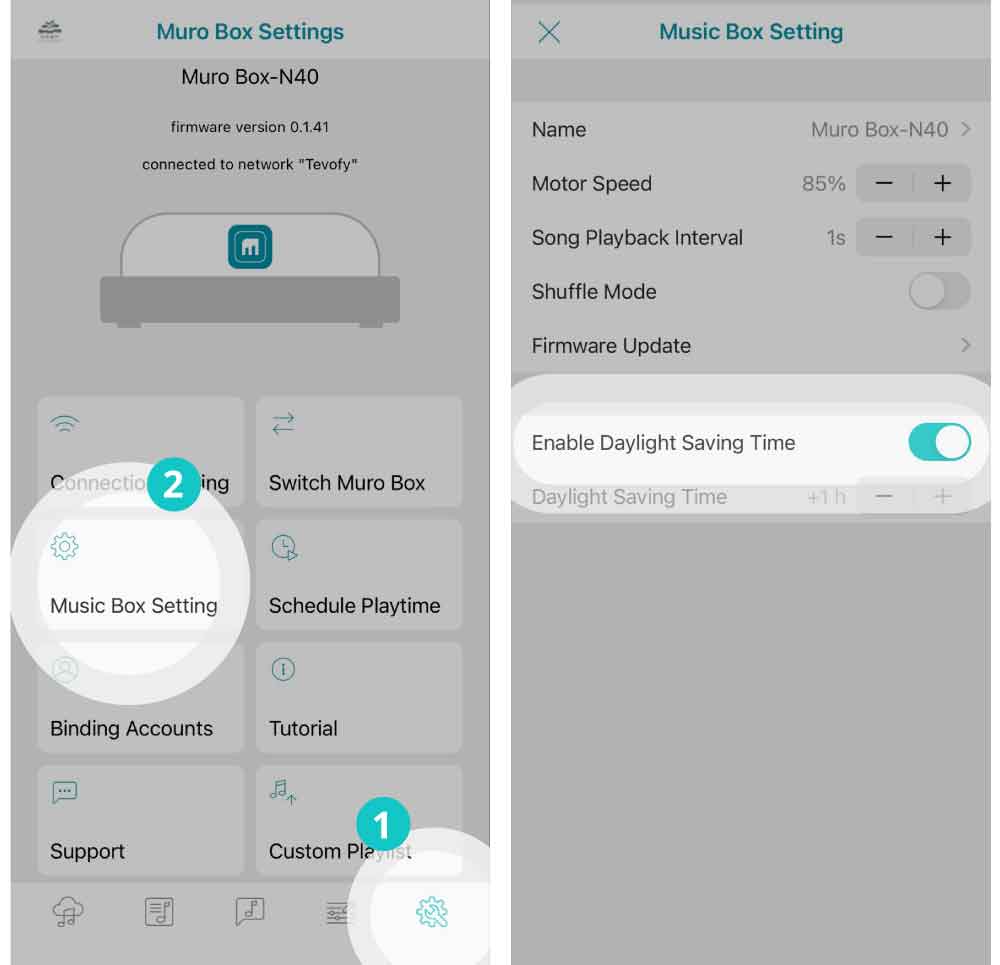 Instructional diagram for the dedicated Muro Box programmable music box App: how to enable the “Daylight Saving Time” setting.