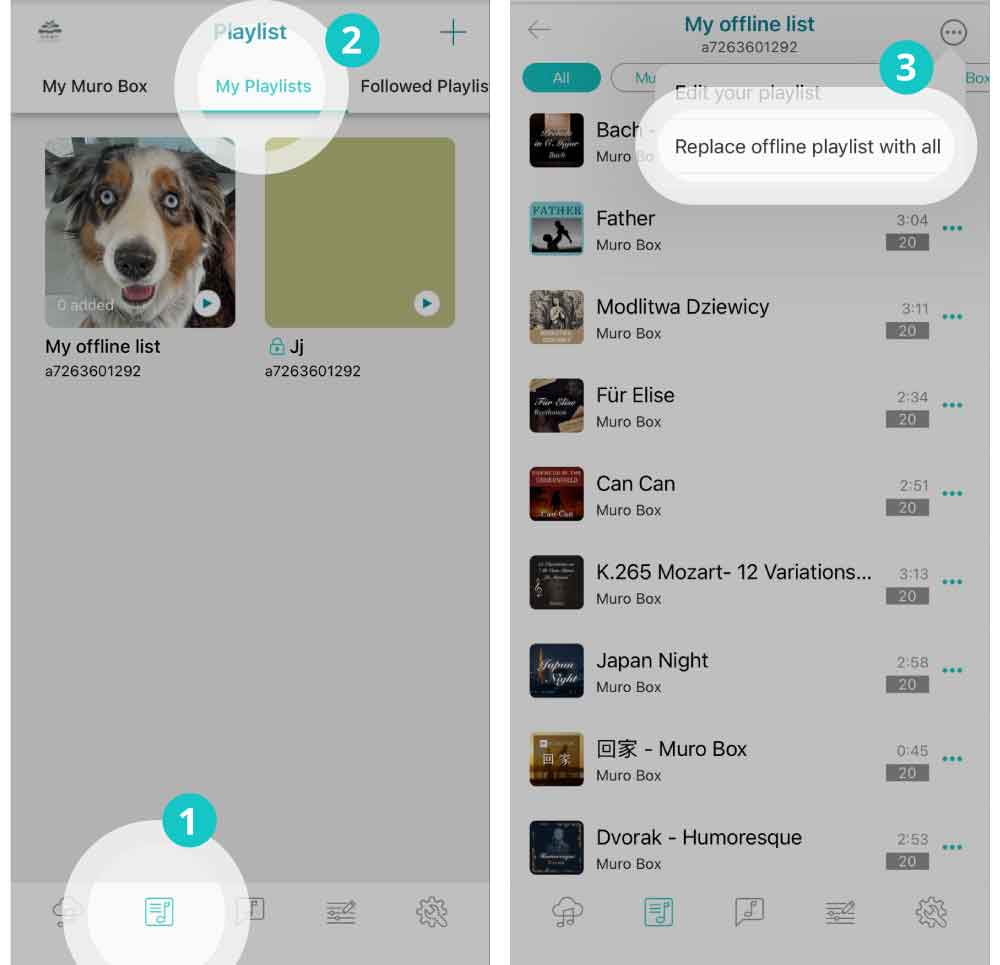 Instructional diagram for the dedicated Muro Box app-controlled and programmable music box App: how to select a specific playlist to replace all songs currently in the Offline Playlist at once.
