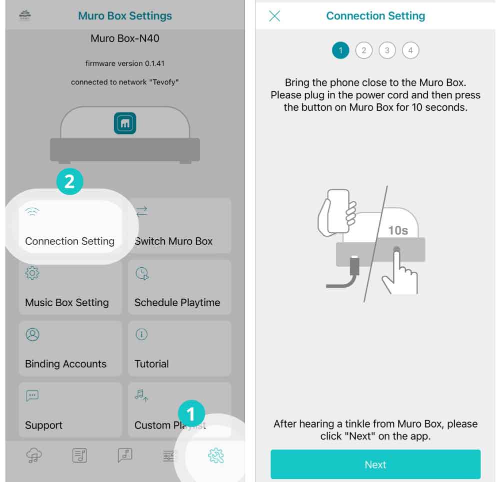 Instructional diagram for the dedicated Muro Box programmable music box App: how to start setting up the connection between the music box and the App.