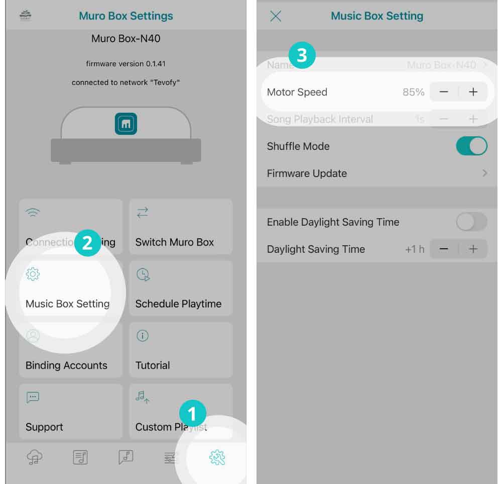 Instructional diagram for the dedicated Muro Box app-controlled and programmable music box App: how to start setting the music box’s “Motor Speed.”