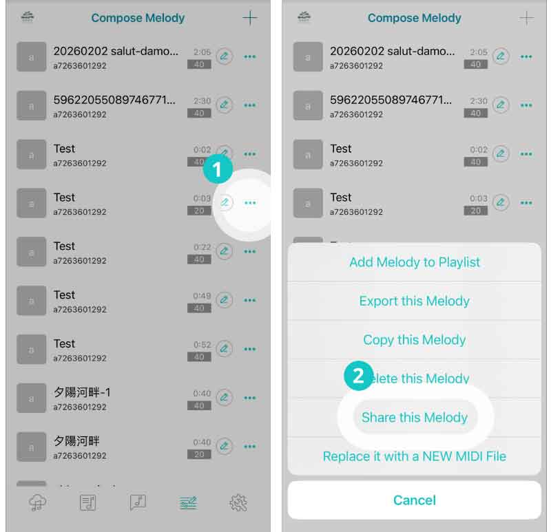 The images above demonstrate how to use the Muro Box App to set where to share links for songs you have uploaded. Please note: only songs you have uploaded have the permission to generate a shareable link.