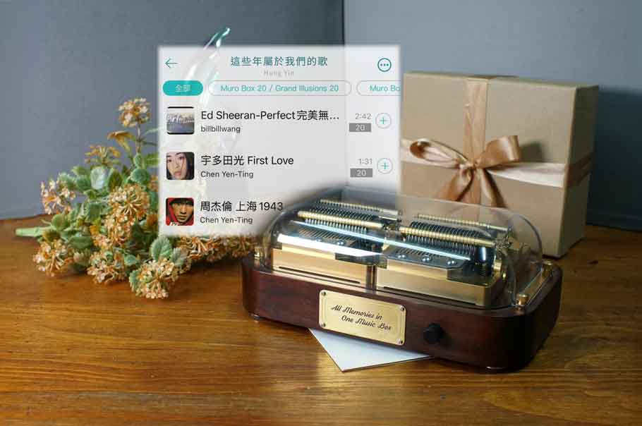 客製化音樂盒送禮指南：從Muro Box智慧音樂盒、打孔紙帶音樂盒機種選擇到編曲全攻略。圖片內物品有：Muro Box-N40穆風版智慧音樂盒，禮物盒，Muro Box APP的曲庫歌單畫面。