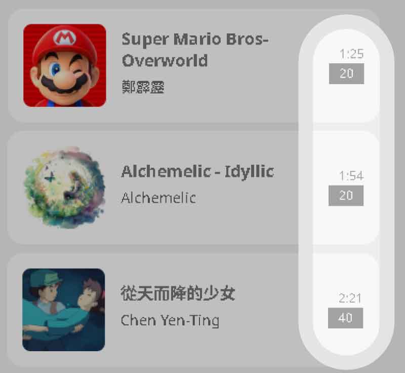 Muro Box 智慧音樂盒線上曲庫的歌曲旁數字代表適合哪個音域範圍的音樂盒演奏，20代表適合N20音樂盒，40代表適合N40音樂盒。