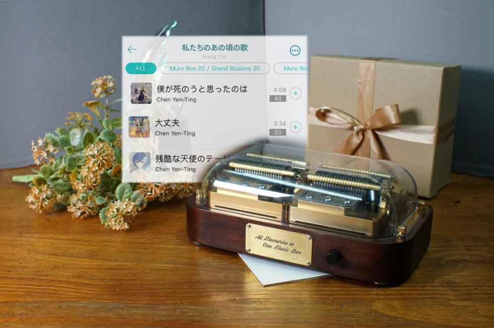 オーダーメイドオルゴールのギフトガイド：Muro Box スマートオルゴールや紙テープ式オルゴールの機種選びから編曲までの完全ガイド。画像には、Muro Box-N40 サブライム版スマートオルゴール、ギフトボックス、Muro Box アプリの楽曲ライブラリ画面が写っています。